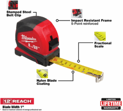 26 ft Compact Tape Measure with 12 ft Reach, Nylon Coated Blade