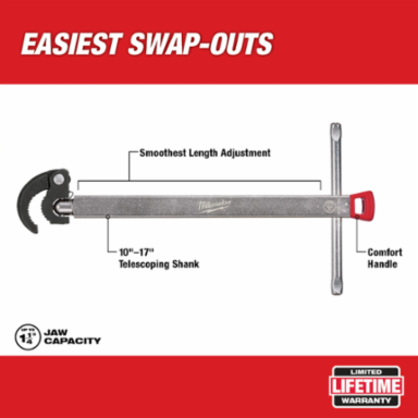Basin Wrench 1.25 Inch Capacity, Adjustable Length 10-17 Inch