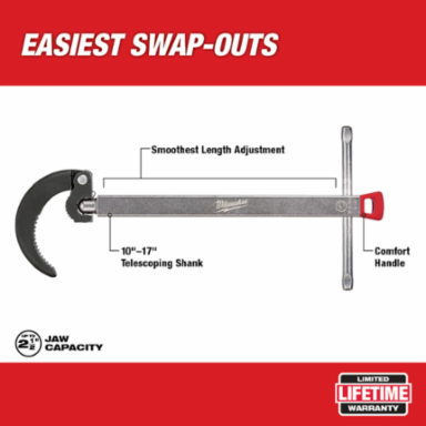 Basin Wrench - 2.5 Inch Capacity, Adjustable Handle 10-17 Inch Length