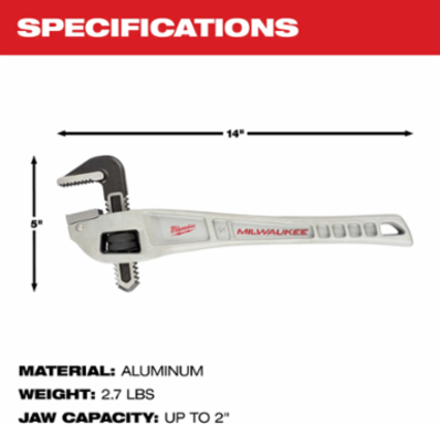 Aluminum Offset Pipe Wrench 14 Inch, Jaw Capacity 2 Inch, Ergonomic Design