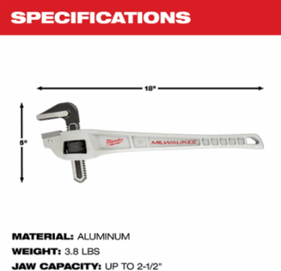 18 Inch Aluminum Offset Pipe Wrench, Jaw Capacity 2 Inch, Ergonomic Handle
