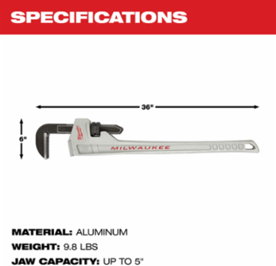 36 Inch Aluminum Pipe Wrench with 5 Inch Jaw Capacity and Ergonomic Handle