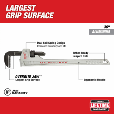 36 Inch Aluminum Pipe Wrench with 5 Inch Jaw Capacity and Ergonomic Handle