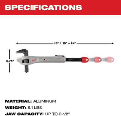 CHEATER Aluminum Offset Pipe Wrench, 13-24 Inch Adjustable, 2.5 Inch Jaw Capacity