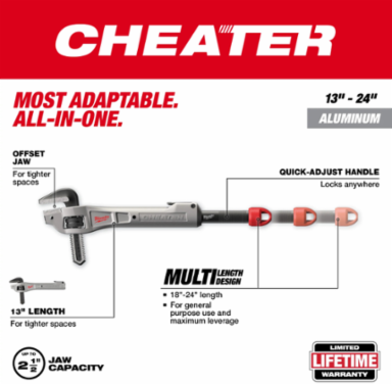 CHEATER Aluminum Offset Pipe Wrench, 13-24 Inch Adjustable, 2.5 Inch Jaw Capacity