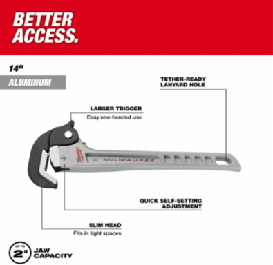 14 Inch Aluminum Self-Adjusting Pipe Wrench, 3/8 to 2 Inch Jaw Capacity