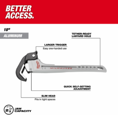 18 Inch Aluminum Self-Adjusting Pipe Wrench, Jaw Capacity 3/4" to 2-1/2"