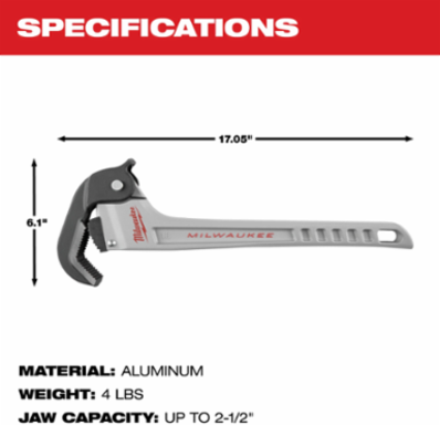 18 Inch Aluminum Self-Adjusting Pipe Wrench, Jaw Capacity 3/4" to 2-1/2"