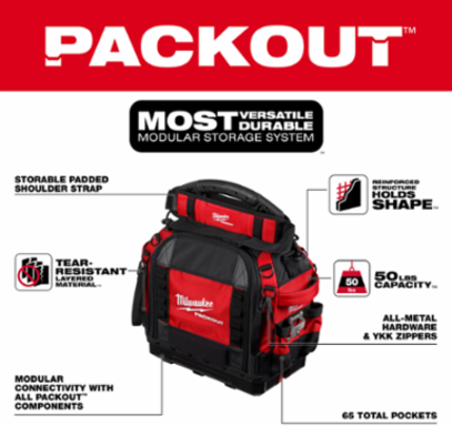 PACKOUT 15 Inch Structured Tool Bag - 50 lbs Capacity, 65 Pockets, Ballistic Material