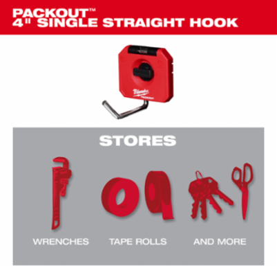 PACKOUT™ 4 Inch Single Straight Hook, 15 lbs Capacity, Metal Reinforced