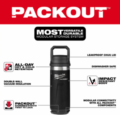 PACKOUT™ 18oz Insulated Bottle - Black, Double Wall Vacuum Insulation, Leakproof Chug Lid