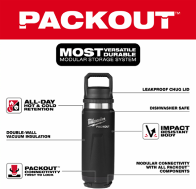 PACKOUT™ 24oz Insulated Bottle, Black, Chug Lid, 11.97 Inch Height