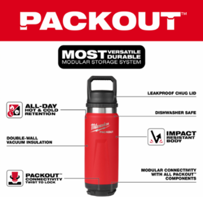 PACKOUT™ 24oz Insulated Bottle with Chug Lid, Red, Impact Resistant, Double Wall Vacuum Insulation