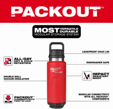PACKOUT™ 36oz Insulated Bottle, Red, Leakproof Chug Lid, Impact Resistant