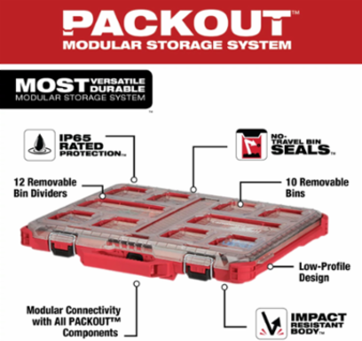 PACKOUT Low-Profile Organizer with 10 Removable Bins, IP65 Weather Seal