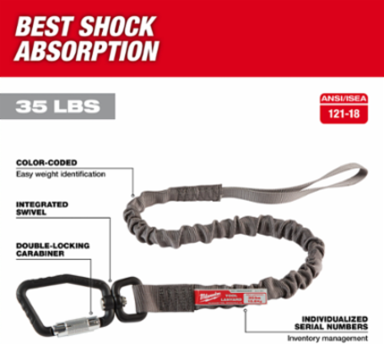 35 Lb. Locking Tool Lanyard, 40 Inch Length, Shock Absorbing Design