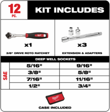 12-Piece 3/8 Inch Drive SAE Socket Set, Stainless Steel, Quick Release