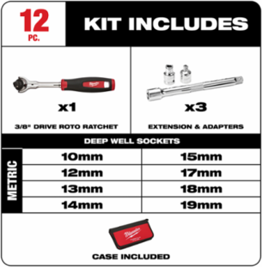 12-Piece 3/8 Inch Drive Metric Socket Set, Stainless Steel, Quick Release