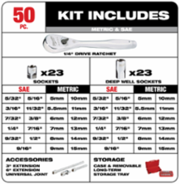 1/4 Inch Drive 50 Piece Ratchet & Socket Set with Slim Profile and 90-Tooth Design