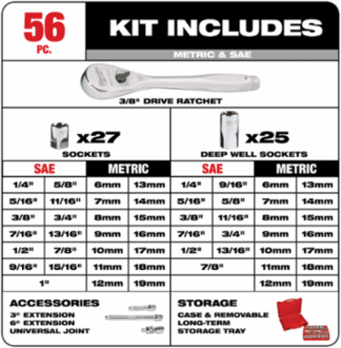 3/8 Inch Drive 56-Piece Ratchet & Socket Set - SAE & Metric, Alloy Steel