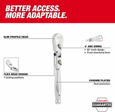 1/4 Inch Drive 9 Inch Flex Head Ratchet, Chrome Vanadium Steel, 90 Tooth