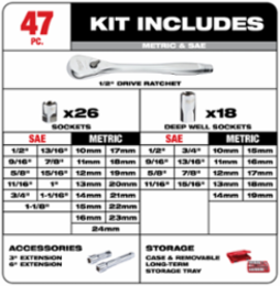47-Piece 1/2 Inch Socket Wrench Set, Alloy Steel, 90-Tooth Ratchet
