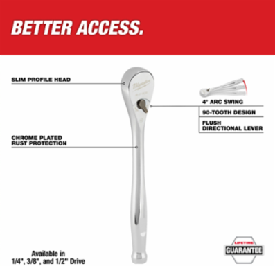 1/2 Inch Drive Ratchet, 90-Tooth, 4 Arc Swing, Alloy Steel
