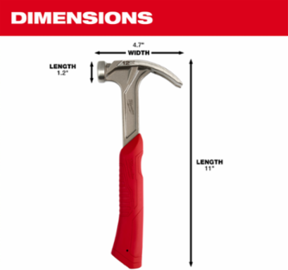 12oz Smooth Face Hybrid Claw Hammer, I-Beam Handle, Vibration Reducing Grip