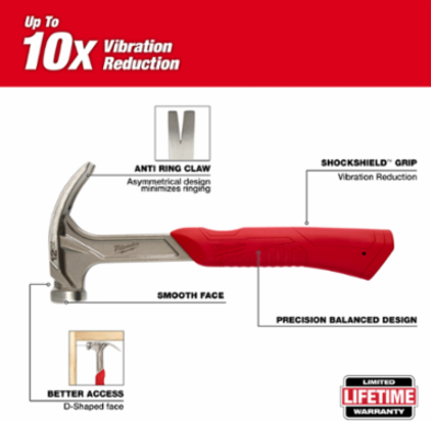 12oz Smooth Face Hybrid Claw Hammer, I-Beam Handle, Vibration Reducing Grip
