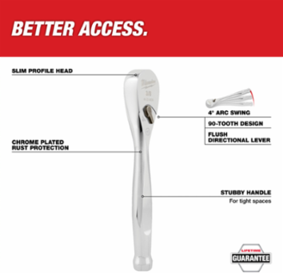 3/8 Inch Drive Stubby Ratchet, 5 Inch Length, 90-Tooth Design, Chrome Finish