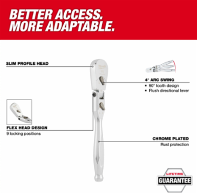 3/8 Inch Drive 9 Inch Flex Head Ratchet, Chrome Vanadium Steel, 90-Tooth Design