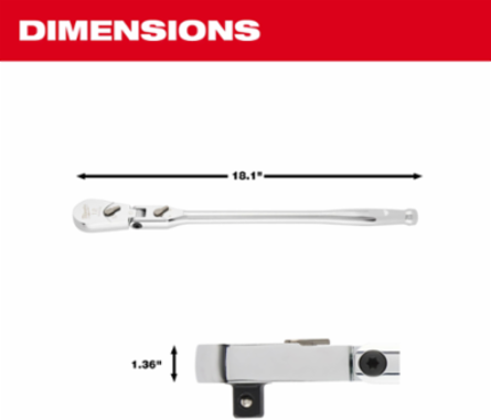 1/2 Inch Drive 18 Inch Flex Head Ratchet with 90-Tooth Design and Chrome Finish