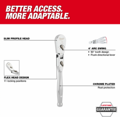 1/2 Inch Drive 18 Inch Flex Head Ratchet with 90-Tooth Design and Chrome Finish