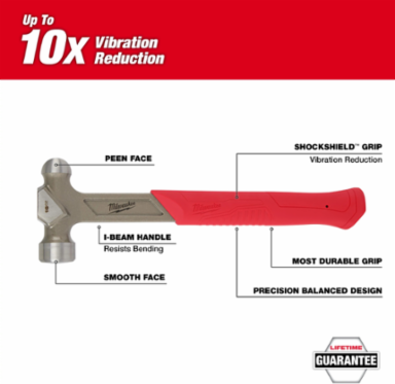 16oz Steel Ball Peen Hammer with 11 Inch Handle and Vibration Reduction Grip