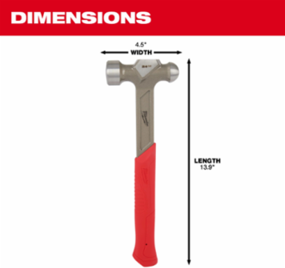 24oz Steel Ball Peen Hammer with SHOCKSHIELD™ Grip, 12 Inch Handle