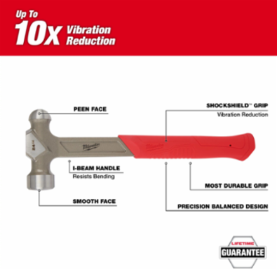 24oz Steel Ball Peen Hammer with SHOCKSHIELD™ Grip, 12 Inch Handle
