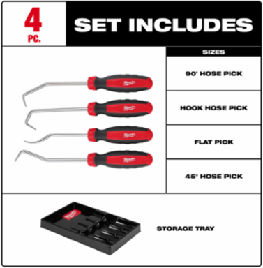 4pc Hose Pick Set with 11.5 Inch Length, All-Metal Core, Comfort Grip Handles
