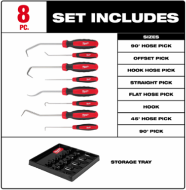 8pc Hook & Pick Set with Metal Construction and 11.25 Inch Length