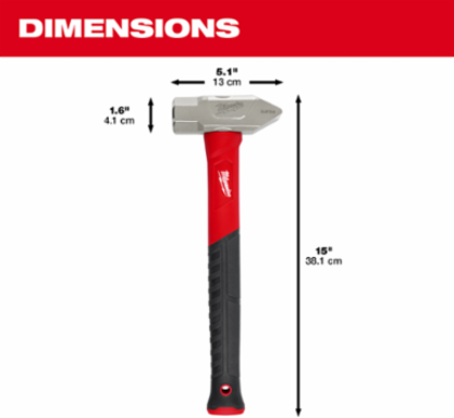 2.5lb Fiberglass Cross Peen Hammer with 15 Inch Handle, Anti-Slip Grip