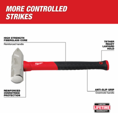 4lb Fiberglass Cross Peen Hammer with Anti-Slip Grip, 15 Inch Handle