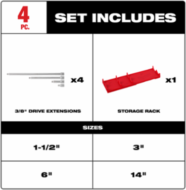 4pc 3/8 Inch Drive Extension Set, Chrome Vanadium Steel, 1.5 to 14 Inch Lengths