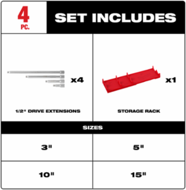 4pc 1/2 Inch Drive Extension Set, 3 Inch to 15 Inch Lengths, Chrome Vanadium Steel