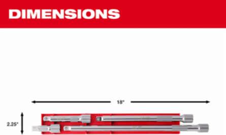 4pc 1/2 Inch Drive Extension Set, 3 Inch to 15 Inch Lengths, Chrome Vanadium Steel