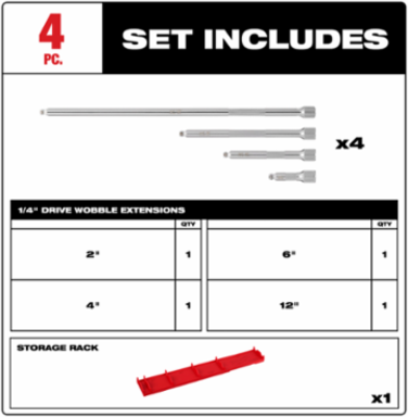 4pc 1/4 Inch Drive Wobble Extension Set, Chrome Vanadium Steel, 2-12 Inch Lengths