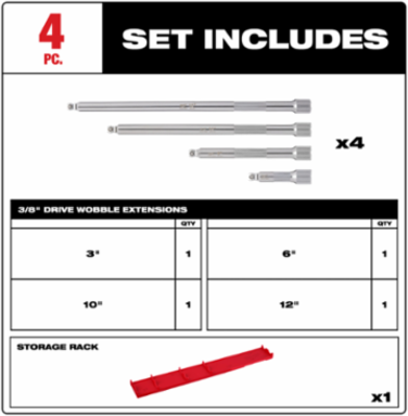 4pc 3/8 Inch Drive Wobble Extension Set, Chrome Vanadium Steel, 12 Inch Length