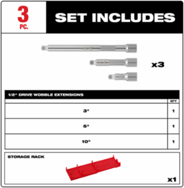 3pc 1/2 Inch Drive Wobble Extension Set, Chrome Vanadium Steel, Up to 8  Movement