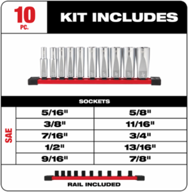 10-Piece 3/8 Inch SAE Deep Well Socket Set with FOUR FLATTM Sides, Chrome Finish