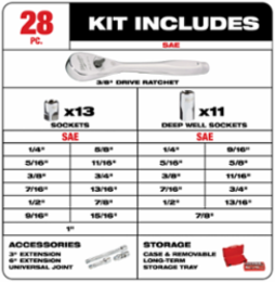 28 pc. 3/8 Inch Drive Ratchet & Socket Set, 90-Tooth Design, Slim Profile