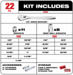 22-Piece 1/2 Inch Socket Wrench Set, Alloy Steel, 90-Tooth Ratchet