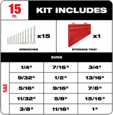 15-Piece Combination Wrench Set - Chrome Vanadium Steel, Lifetime Guarantee
